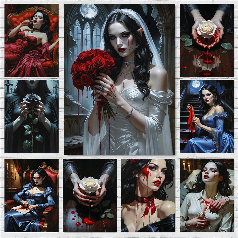 Dark Fantasy Romantic Gothic Vampire Queen Horror Blood Poster Print Wall Art Pictures Canvas  Living Room Home Decor