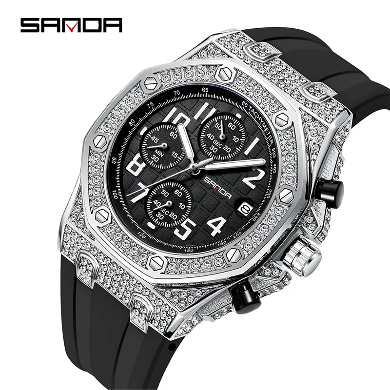 SANDA 7026 Men\'s Quartz Watch Fashion Leisure Diamond Luminous Date Analog Display Silicone Strap Wrist Watches for Male Gift