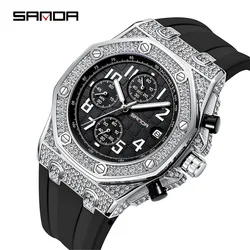 SANDA 7026 Men's Quartz Watch Fashion Leisure Diamond Luminous Date Analog Display Silicone Strap Wrist Watches for Male Gift