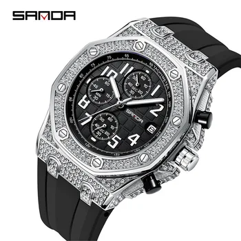 SANDA 7026 men's Quartz watch fashion leisure diamond luminous date Analog display silicone strap wrist watches for men gift