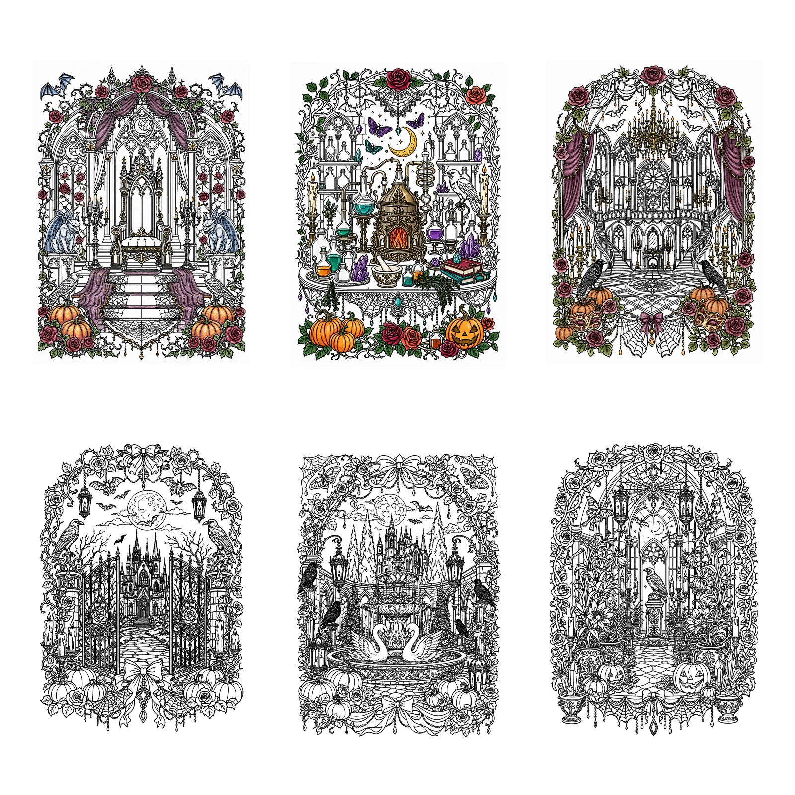 Midnight Castle Adult Coloring Book, Gothic Fantasy Coloring Book for Adults with Haunted Castles, Ravens, Roses, Pumpkins