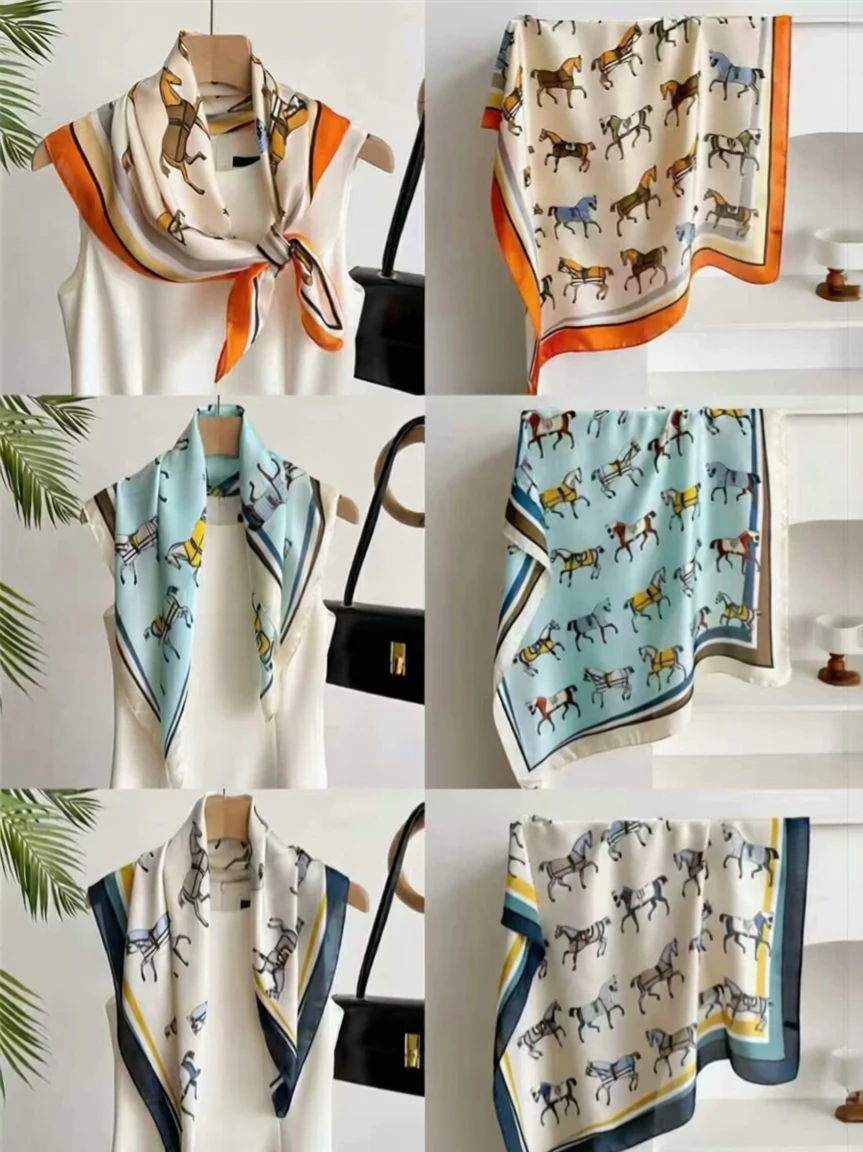 Neuer 70cm Damen-Haarschal, Seiden-Quadrat-Kopftuch für Frauen, Bandana, Modischer Foulard-Schal, Damen-Halstuch für den Sommer – Detail 2