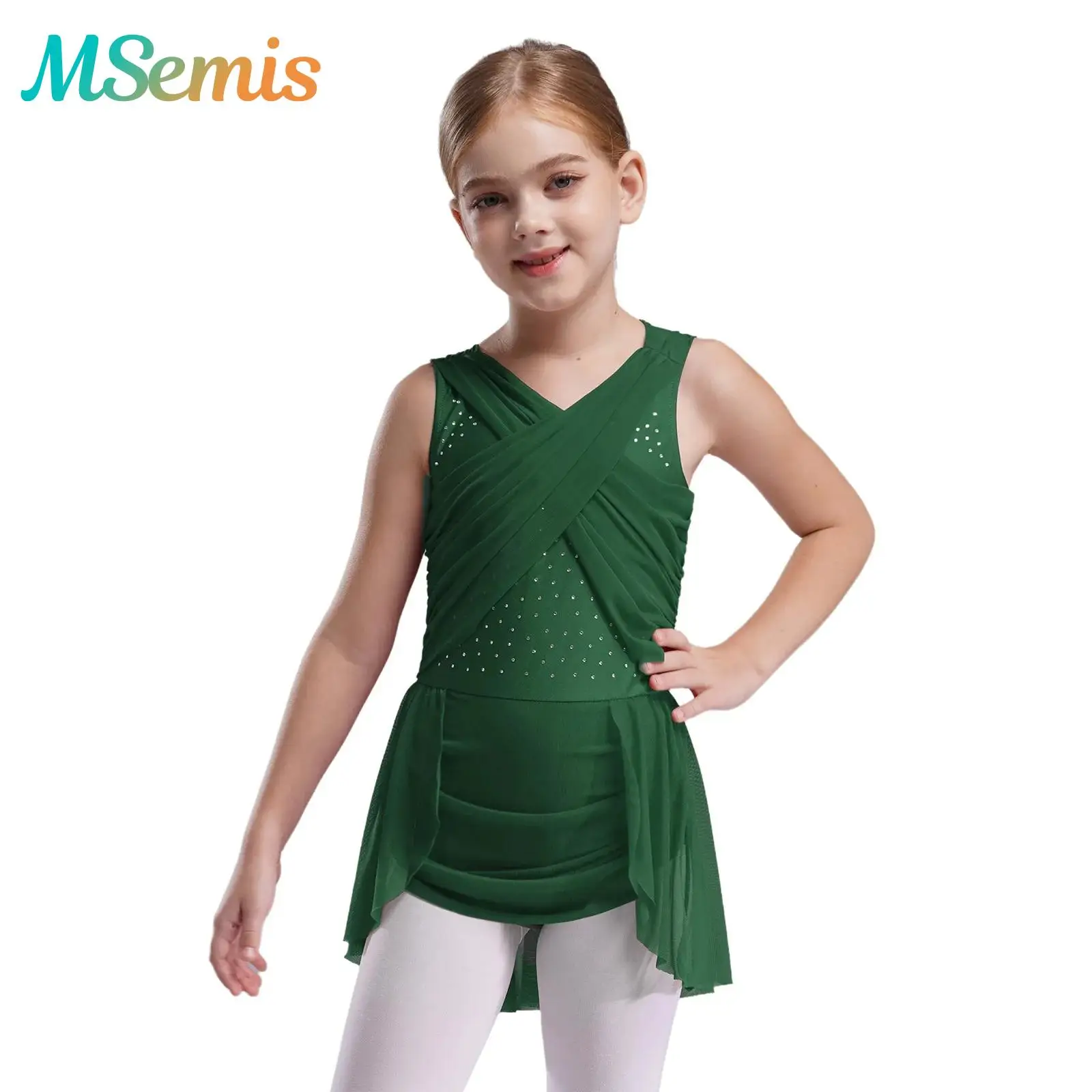 Robes de danse lyrique pour enfants filles, strass brillants, Costume de spectacle de gymnastique et de patinage artistique, robe superposée en maille croisée