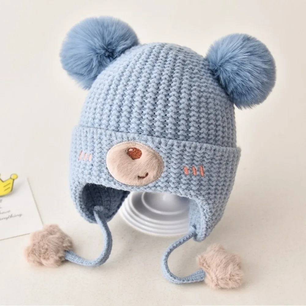 

New Cute Bear Pullover Cap Windproof Coldproof Ear Protection Hat Warm Pompom Beanie Hat Autumn and Winter
