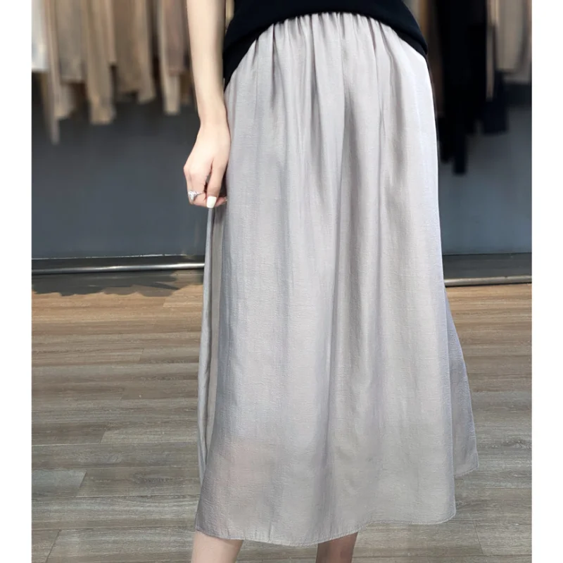 Pearl Yarn Streamer Skirt Women Elastic High Waist Draping Mid-Length Large Swing Skirt Summer Loose A-Line Skirt Pleated Skirt