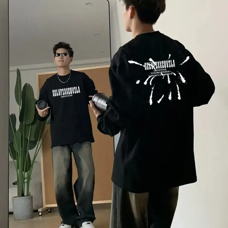 الربيع والخريف الأمريكية العصرية القطن الخالص بأكمام طويلة تي شيرت الرجال فضفاضة ومتعددة الاستخدامات قاع قميص أعلى #3