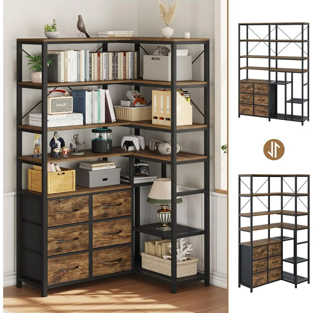 

Corner Bookshelf, 7-Tier Industrial Convertible Book Shelf with 6 Fabric Drawers, Corner Bookcase Freestanding Display Shelf