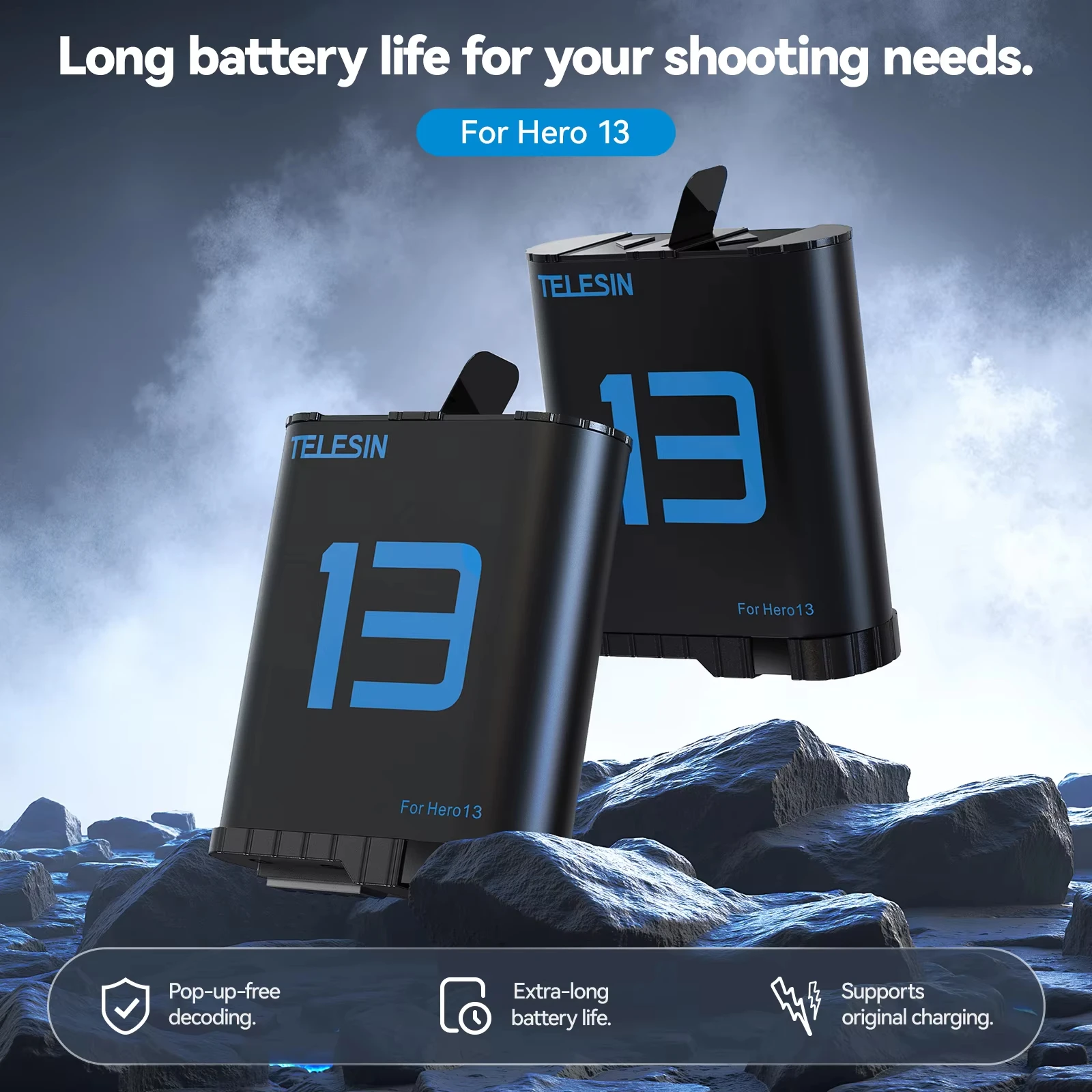 TELESIN 1900mAh Battery For GoPro Hero 13 Action Camera With Fast Charger Box TF Card Storage Lithium-ion Replacement Battery - Image 2