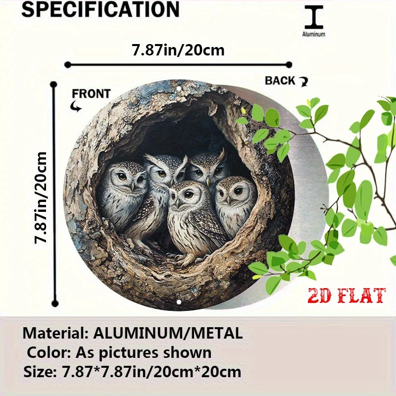 [2D Flat] Vintage Aluminum Wall Art - Five Owlets in Snug Tree Hollow, Round Metal Sign for Living Room or Garden Decor, Frame
