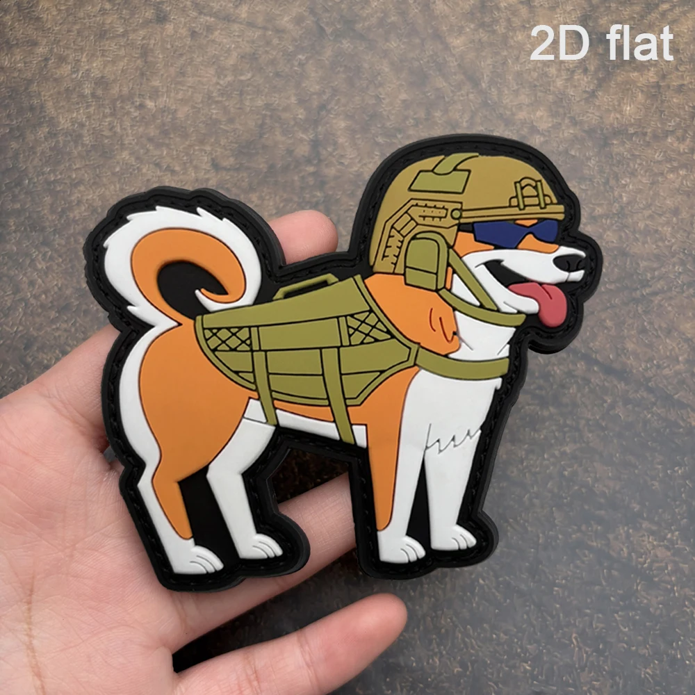 Tactical Cartoon Akita Dog with Tongue Out Wearing a Helmet, 2D Flat Pvc Material with Built-In Glow-In-The-Dark Effect, Magic Sticker Patch, Free Felt Backing, 1 Piece, Waterproof and Sun-Resistant, Outdoor Tactical Backpack Soft Rubber Decorative Patch