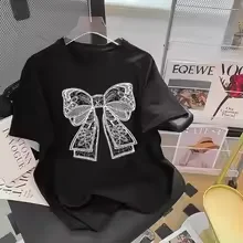 

Korean Popular Bows Print T-Shirt Women Summer 2025 New Tee Casual Short Sleeve Y2k Top Elegant Ladies Printing Non-embroidery