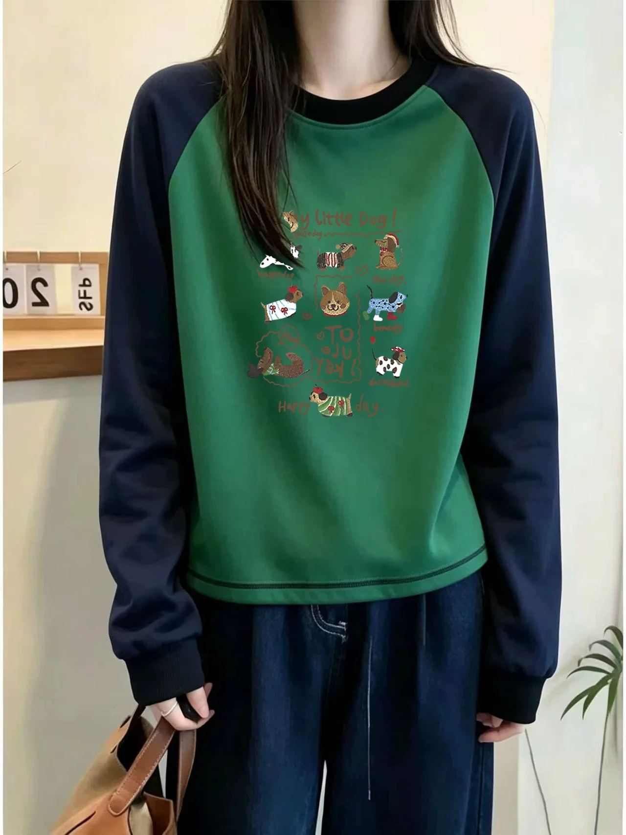 Green Long Sleeve T-Shirt Women's Early Spring Autumn Loose Slimming Print Top Trendy Korean Style Commute Style Polyester Fiber