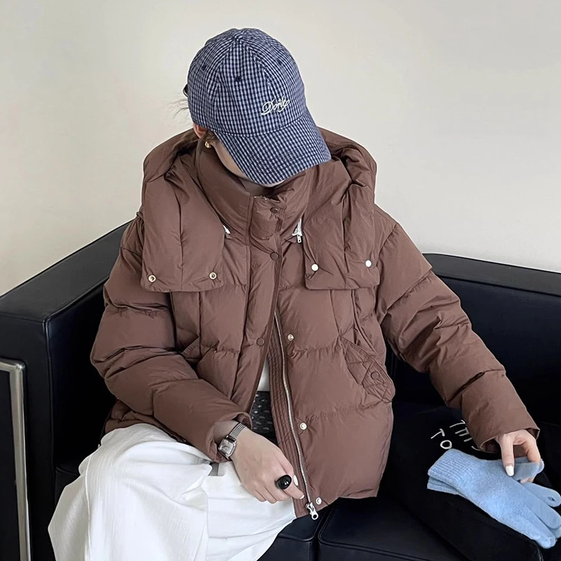 الشتاء انفصال مقنعين قصيرة الدافئة أسفل سترة المرأة الأبيض بطة أسفل باركر أبلى الإناث سميكة فضفاضة سترات بسحاب عادية