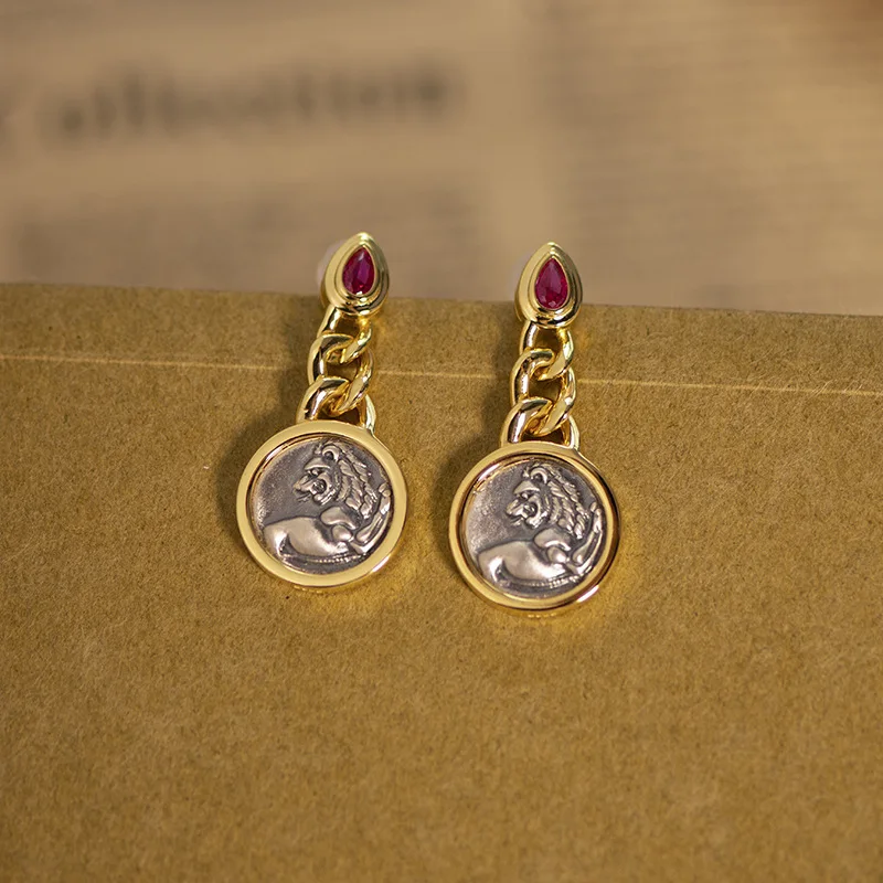 

Vintage Coin Earrings 925 Silver Plated 18k Gold Looking Back Lion Ruby Love Earrings