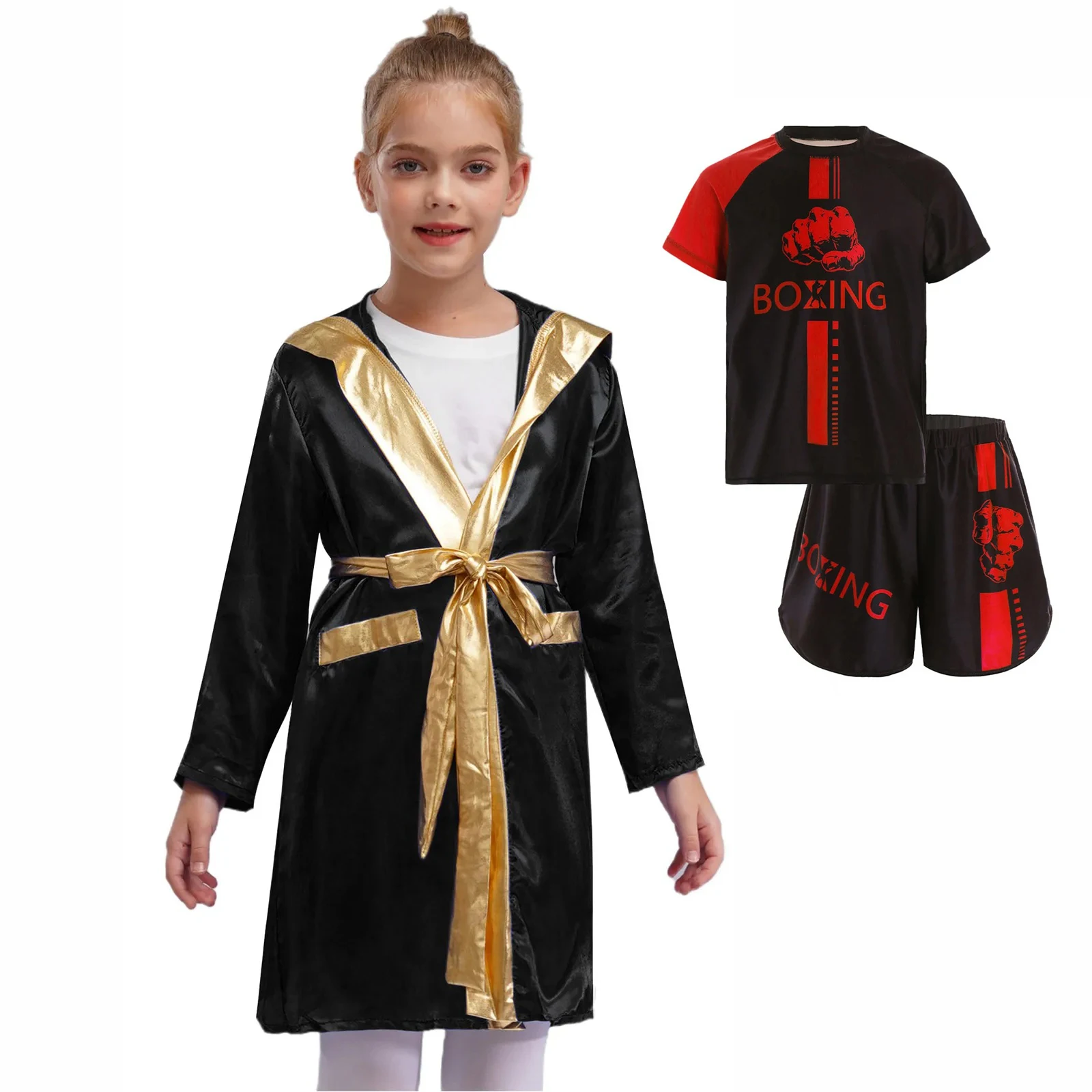 

Boys Girls Boxer Training Outfit Halloween Cosplay Costume Long Sleeve Metallic Trim Satin Hooded Cloak Robe+Belt+T-shirt+Shorts