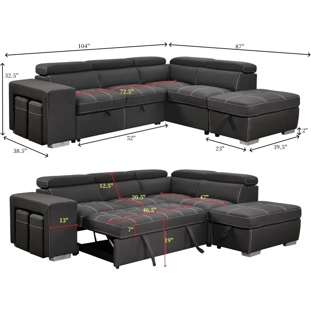 Microfiber Sectional Sleeper Sofa with Pull-Out Bed Chaise & Storage 5 Seater L-Shaped Couch with Adjustable Headrest and Stools