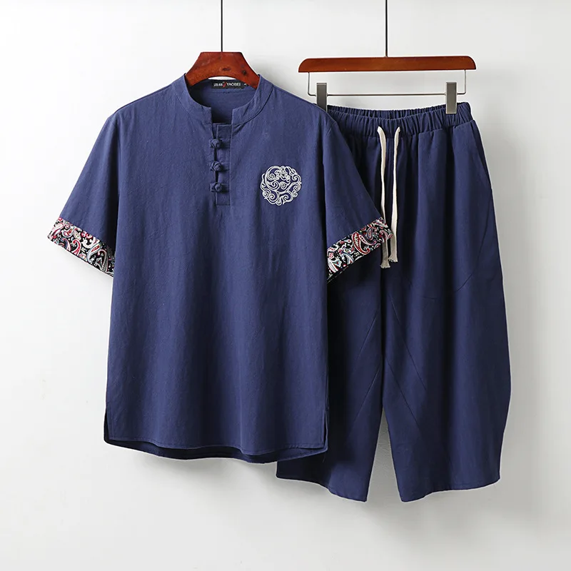 

Летняя мужская одежда больших размеров 9XL, винтажный спортивный костюм Drak Grey, домашний костюм, льняная футболка, модный мужской комплект, китайский 7XL, 8XL, 160 кг