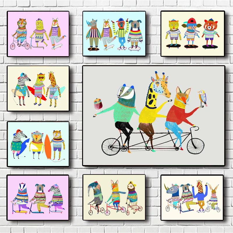 Retro Cartoon Abstract Animals Play Together Poster Canvas Art Paint Prints Wall Pictures for Home Children's Room Decoration
