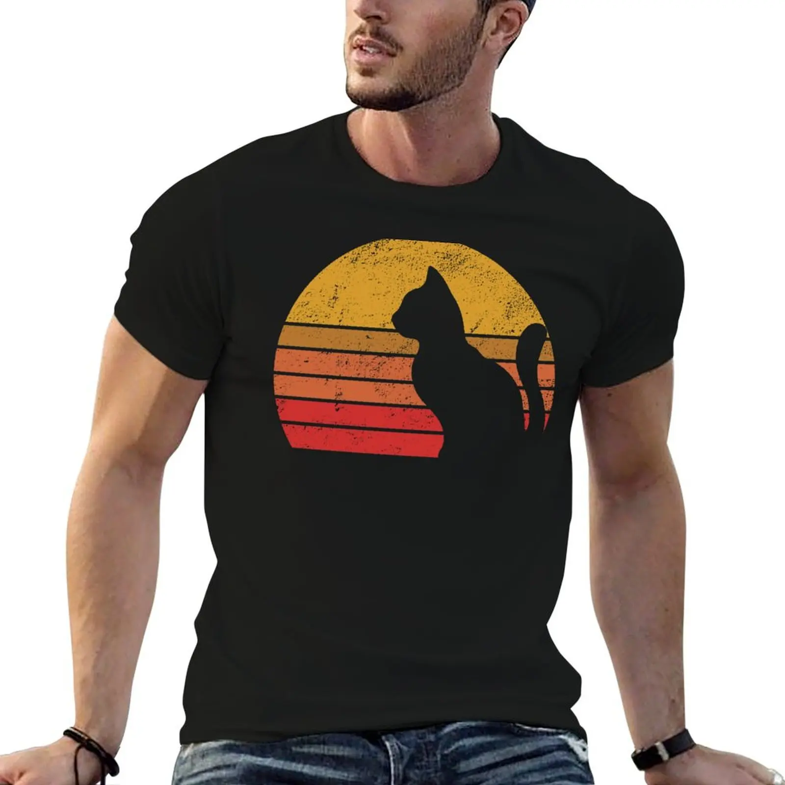 Distressed Retro Sunset Cat T-Shirt Standard Fit Solid Tee Shirt