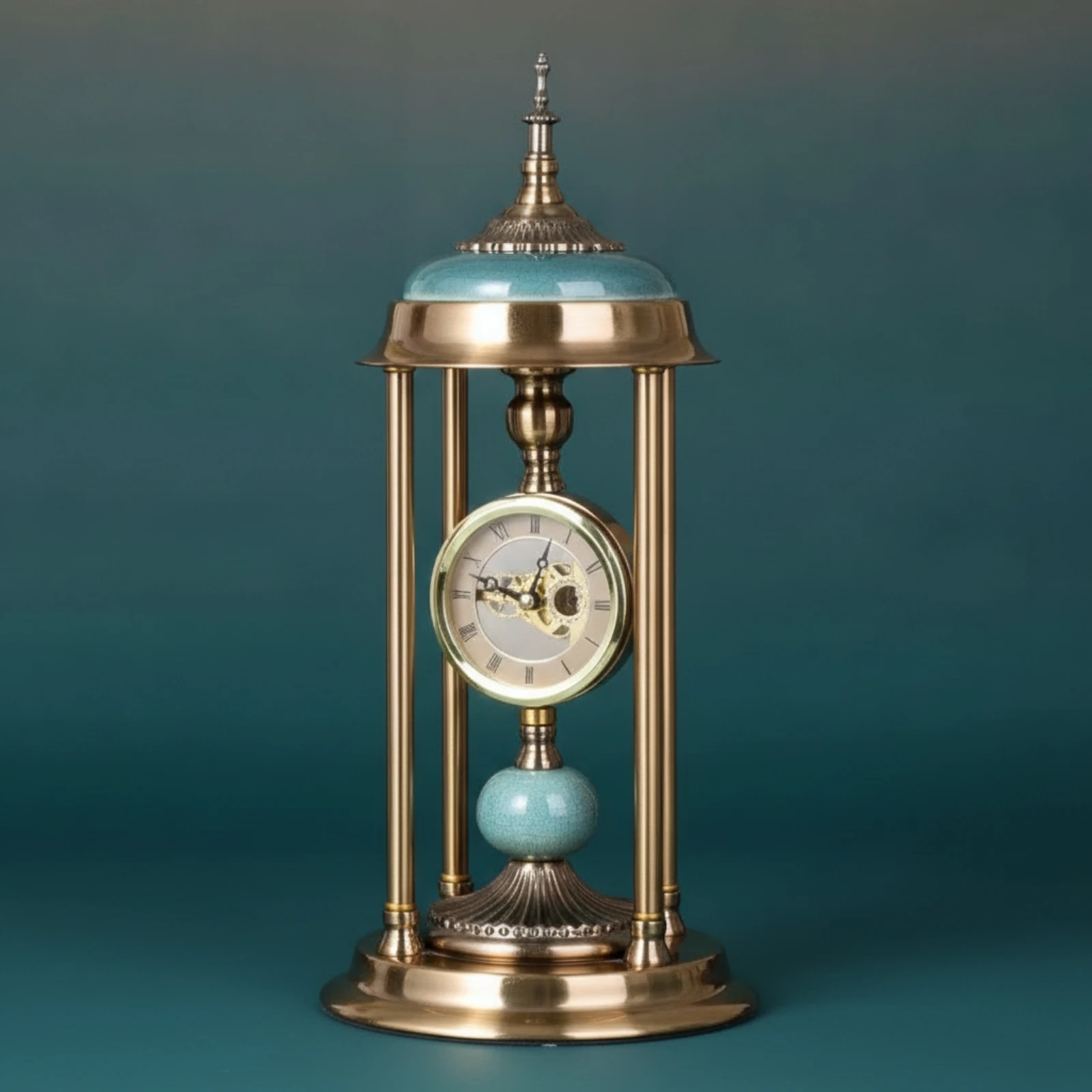 Column Clock Roman Numeral Clock with Visible Gears Timepiece Analog Stylish for Homeowners, Mantel, Office Desk