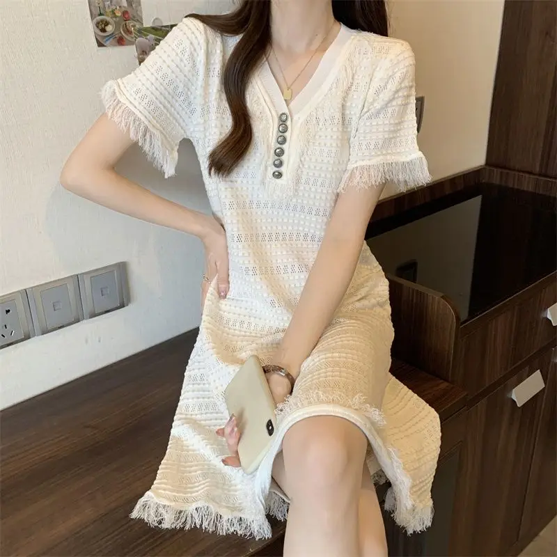 

Folk Hollow Out Tassel Dresses Summer Short Sleeve Casual V-Neck Button Women's Clothing Plaid Korean Basic Knitted Midi Dress