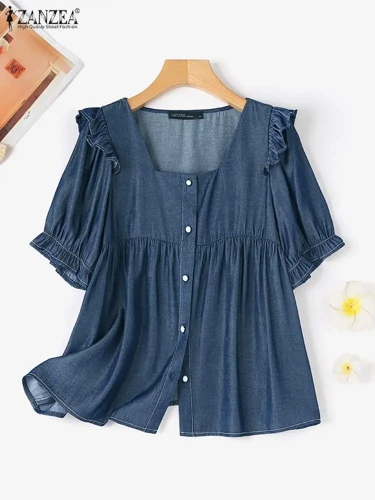 ZANZEA Korean Women Denim Shirt Sweety Ruffle Short Sleeve Blouse Vintage Square Collar Cropped Tops 2024 Summer Pleated Blusas