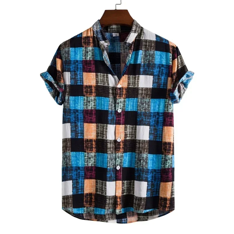 

2024 Summer New Men's Fashion Trend Color Plaid Print Stand-up Collar Short-sleeved Shirt Camisas Para Hombre