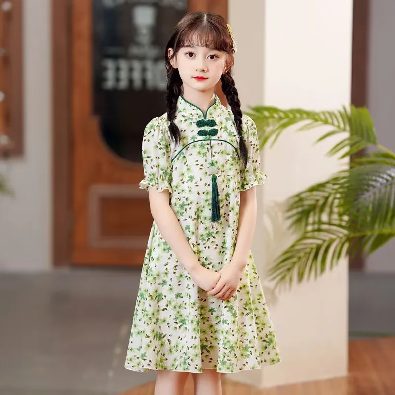 2024 new summer Kids Girls solid chinese Cheongsam green Floral Qipao Princess Teenager Dresses Clothing  4 5 8 9 10 12 Years