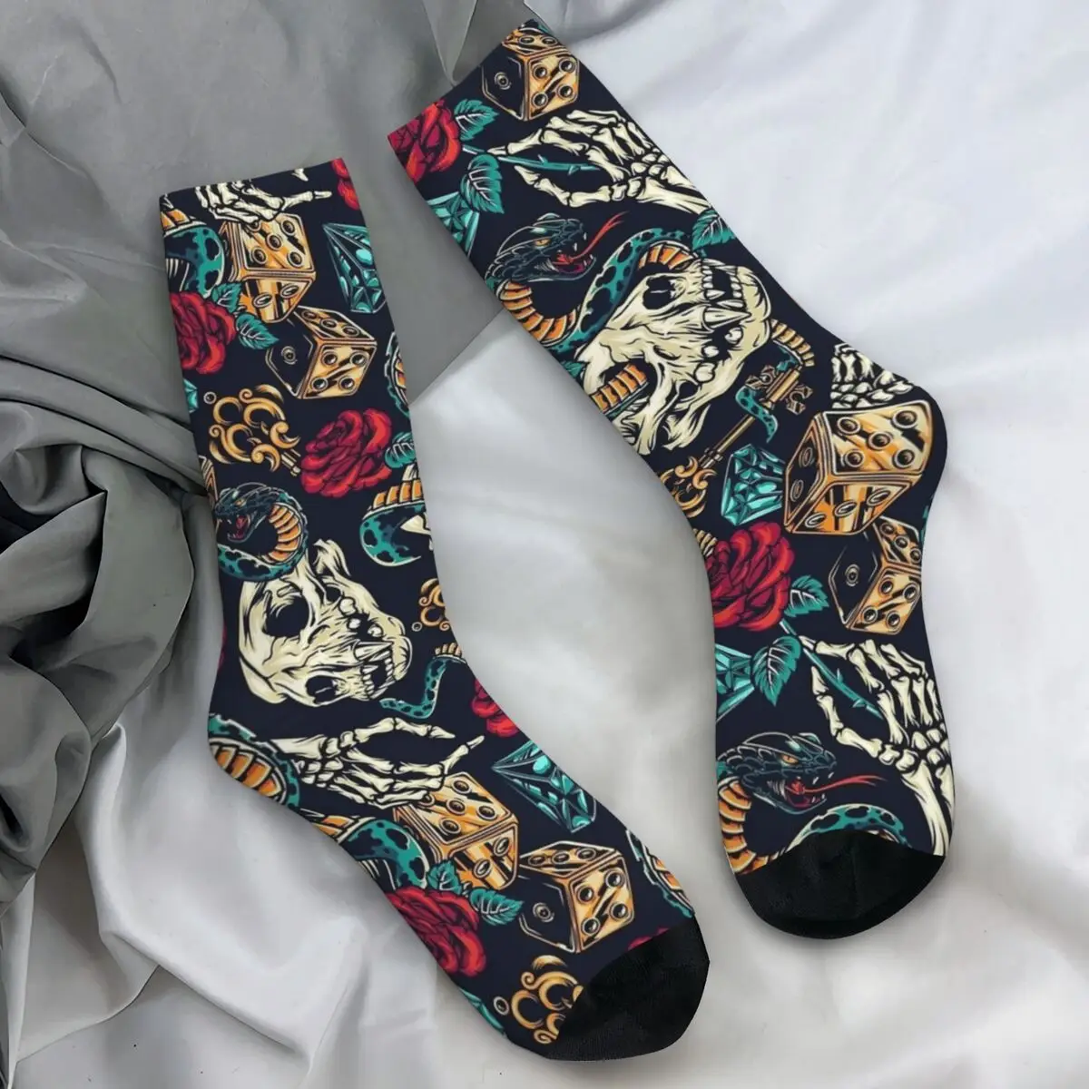 Skull Snakes Roses And Dices Socks Gothic Funny Stockings Autumn Anti Sweat Adults Men Socks High Quality Outdoor Sports Socks