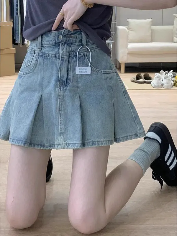 

Light Blue Pleated Denim Skirt Women's Summer Thin High Waist plus Size A-Line f Body Skirts Casual Straight Leg Jeans