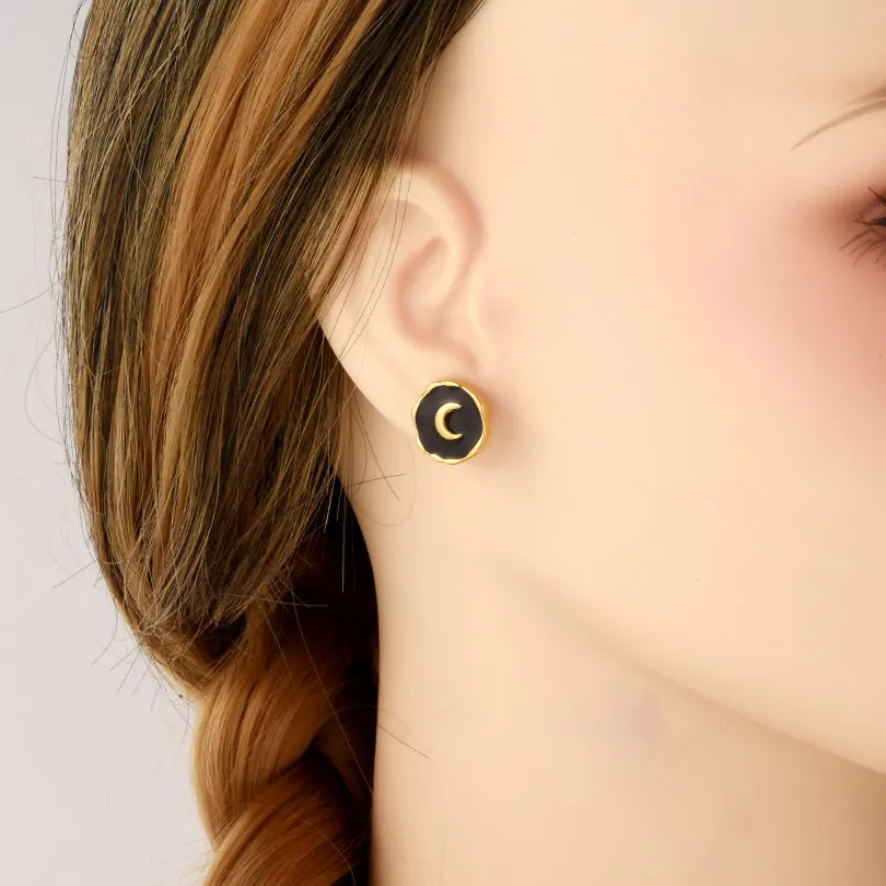 1pair Stainless Steel Enamel Earring Gold Color Moon Black And White Drip Earring For Women Daily Wear Jewelry Party Gift