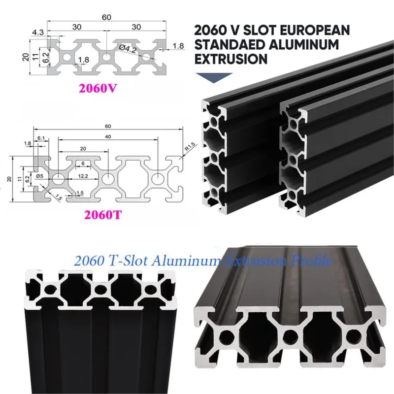 Perfil de aluminio negro, ranura en V 2060, extrusión de 2060V, longitud estándar de la UE, riel lineal de 100-550mm para impresora 3D de marco CNC, 1 Uds.