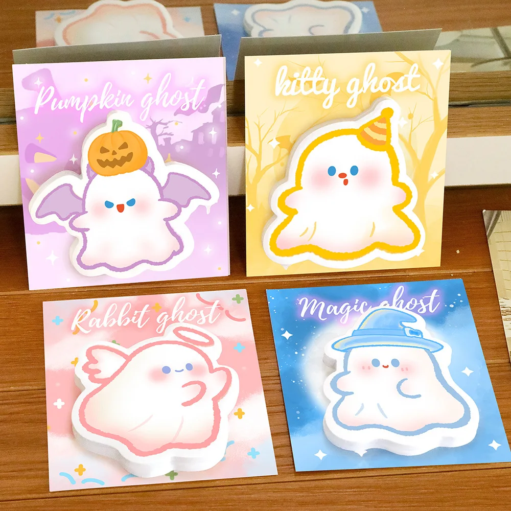 4Pcs Halloween Ghost Sticky Notes Set Cute Cartoon Die Cut Memo Pad Reusable Aesthetic Stationery for Kids School Office Gift