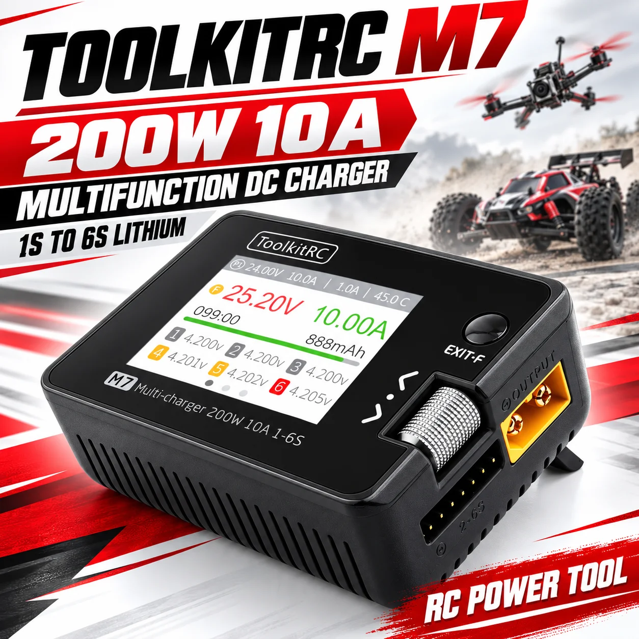 ToolkitRC M7 200W 10A DC Balance Charger Discharger for 1-6S Lipo Battery with Voltage Servo Checker ESC Tester Receiver