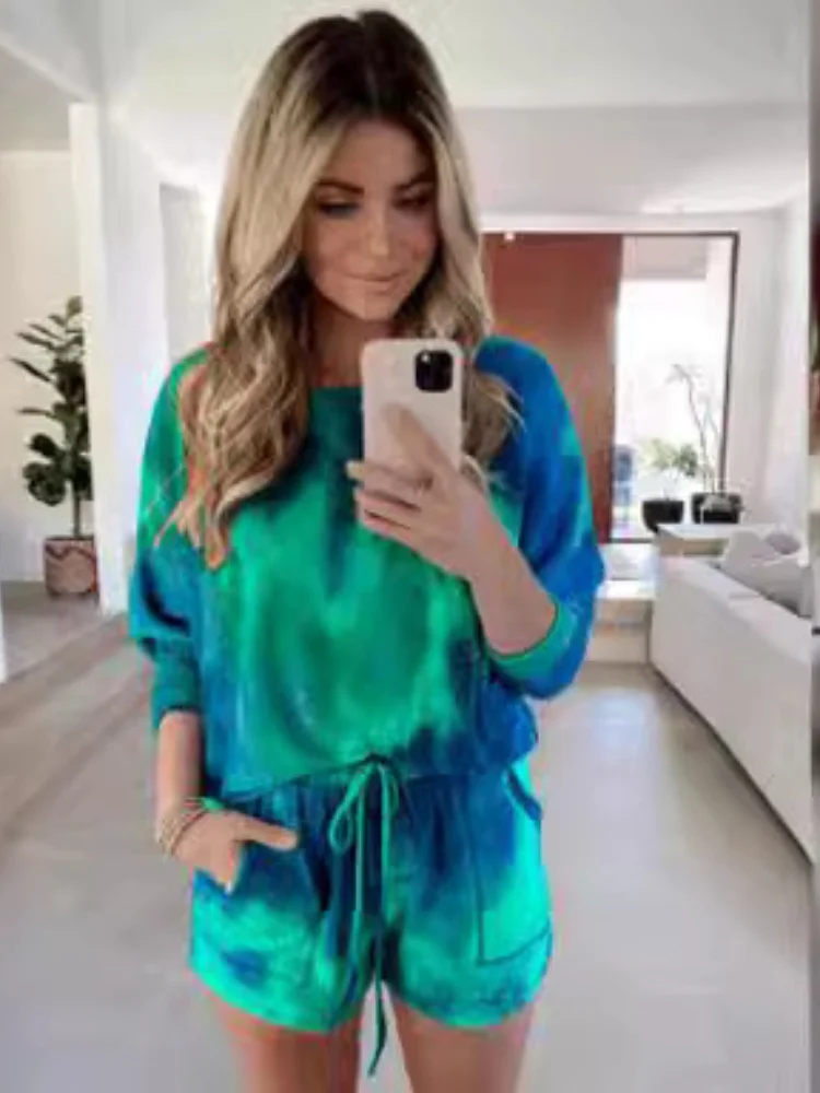 European And American Women's Two-piece Summer Tie-dye Printed Long-sleeved Lace-up Shorts Casual Sports Suit
