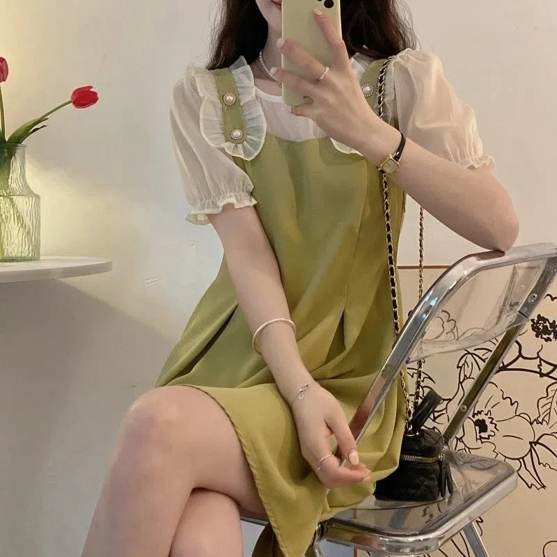 Mulheres gola redonda babados botão zíper vestido, gaze manga curta, patchwork, falso duas peças vestidos, doce, bonito, verão, novo, 2024