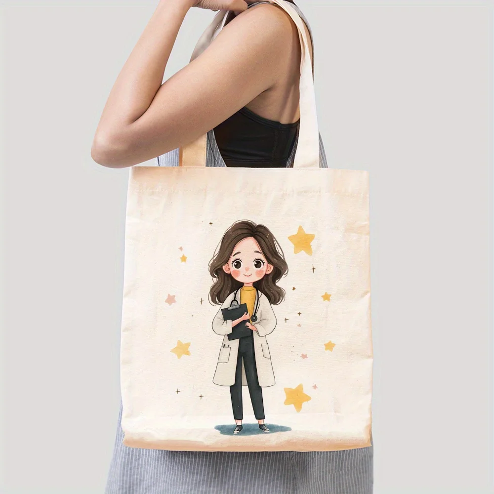 A Cartoon Doctor Pattern print canvas tote bag, suitable for daily use, shopping, school, and travel