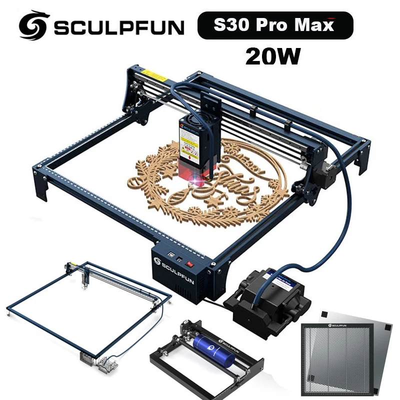 SCULPFUN S30 Pro Max 20W Laser Engraver Roller w/ Automatic Air-assist System Engraving Machine Replaceable Lens Eye Protection