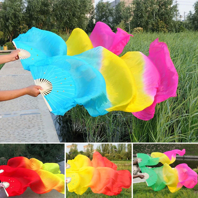 1.5M Length Silk Dance Fans Bamboo Folding Fans Veils Synthetic Fiber Creative Handmade Gradient Color Performance Props