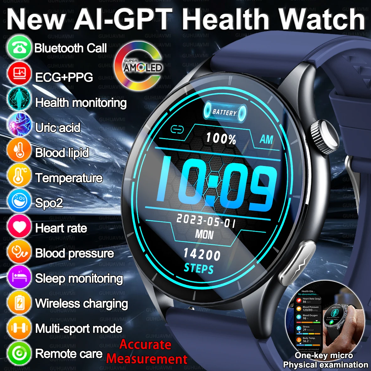 

2025 New Health Analysis ECG+PPG Smart Watch Body Fat Analysis Uric Acid Blood Pressure Heart Rate Tracker NFC Smart watch Men