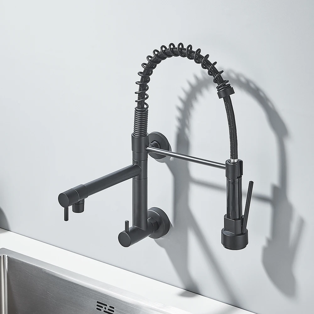 Uythner Pull Down Kitchen Faucet Wall Mounted Cold Water Tap Dual Swivel Spouts Kitchen Crane 360 Rotation Bathroom Kitchen Tap