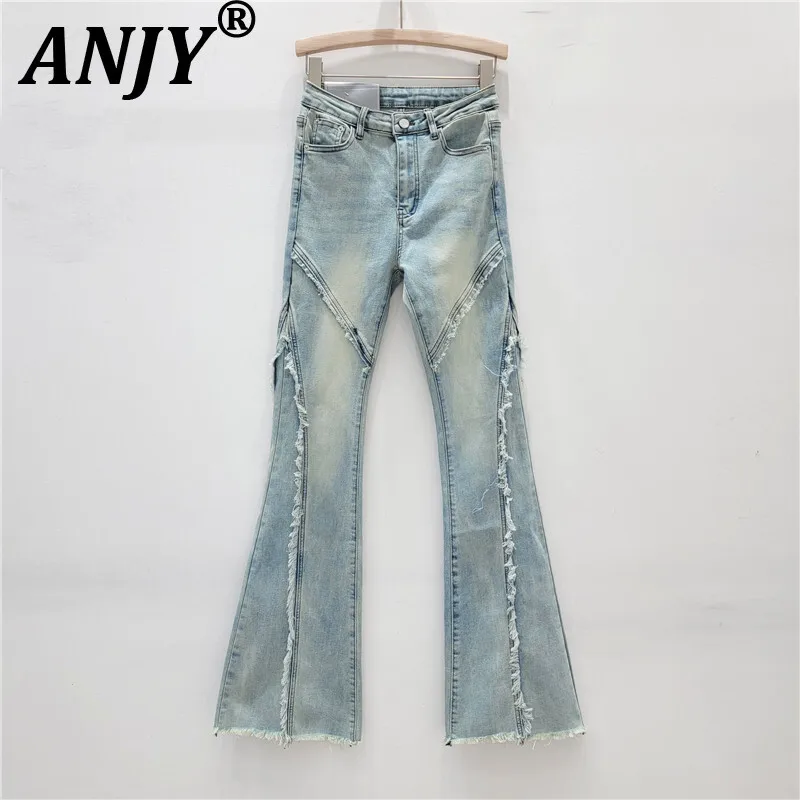 

ANJY Autumn New Women Stylish Flared Jeans Burr Distressed Slimming Vintage Elegant Fashion High Street Casual Denim Pants A9394