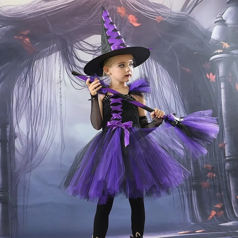 Vestido de bruja para Halloween, traje de Cosplay para niña, vestido de fiesta de carnaval, sombrero, escoba, ropa de lujo