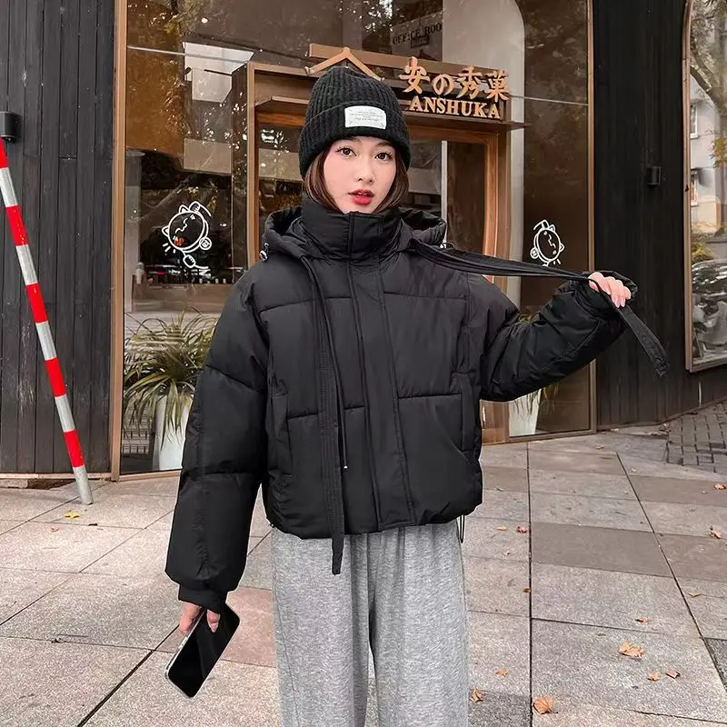 In The Winter Of 2024 New Cotton-padded Jacket Women's Ultra-short Hooded Thickened Loose Little Ribbon Cotton-padded Coat Tide