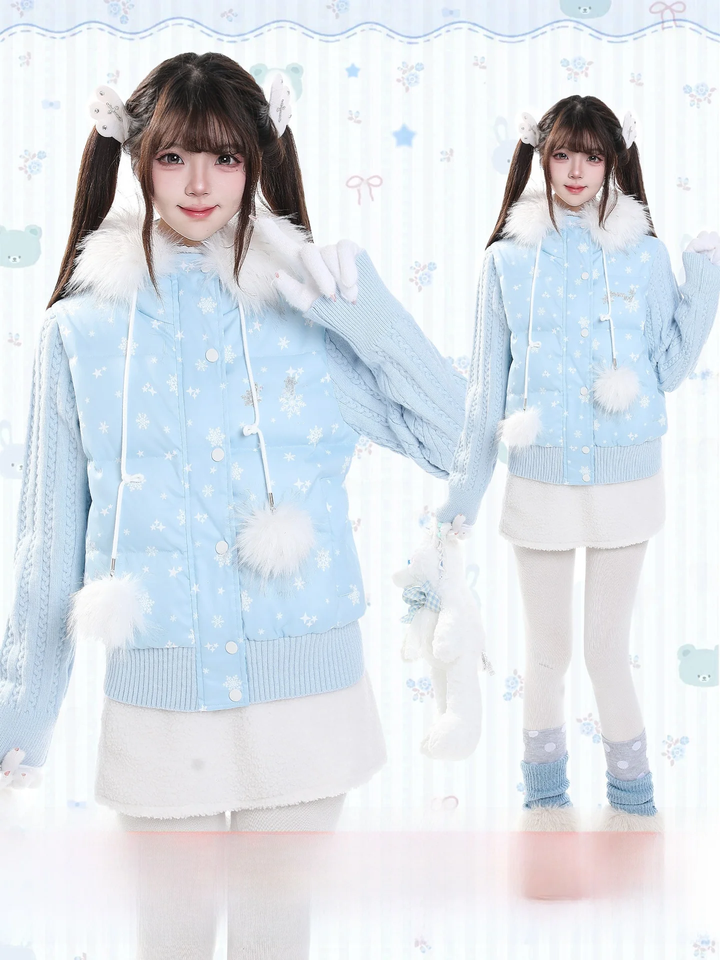 Cute Style Knitted Sweater Sleeve Patchwork down Jacket Women Winter Embroidery Casual Warm Fur Collar Short Cotton Coat