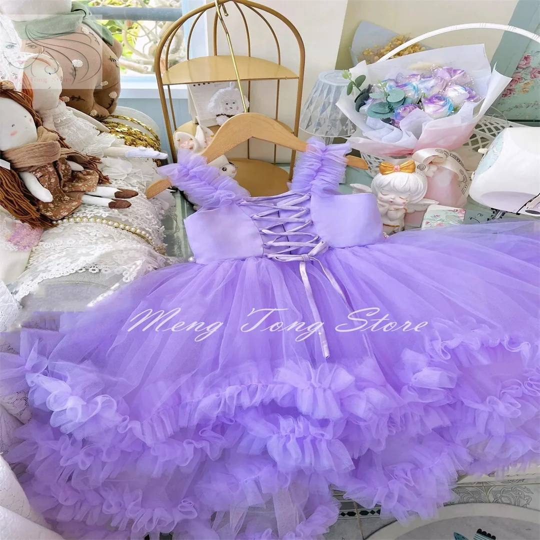 Purple Puffy Flower Girl Dresses Elegant With Pearls Ruffles Tulle Cute Kids Birthday Party Suspenders Gown First Communion Wear