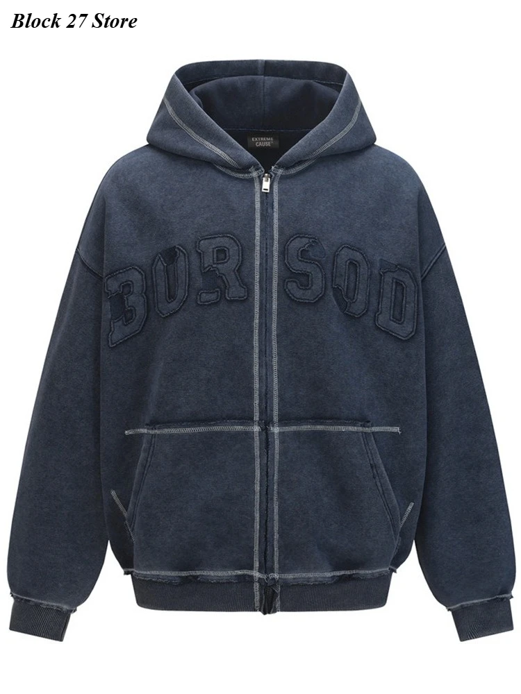 سويت شيرت رجالي بقلنسوة عتيق ملابس الشارع الشهير بسحاب عالي الجودة بتصميم حافة فضفاضة غير رسمية موضة الخريف والربيع