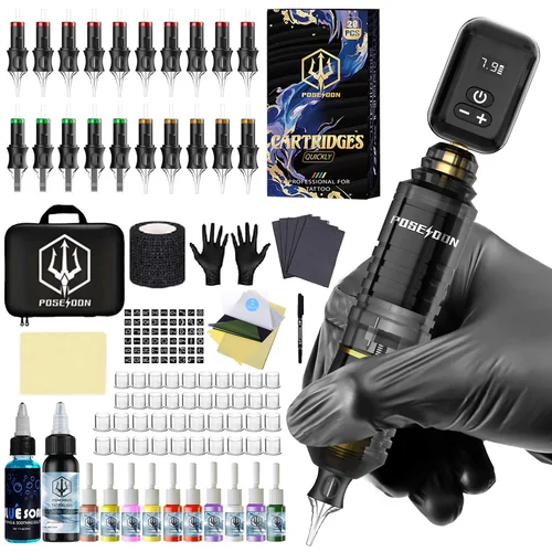 Kit de tatuaje POSEIDON V5, Kit de pluma de tatuaje negra para maquillaje permanente, Kit de máquina de tatuaje, fuente de alimentación de tatuaje de alta potencia, pistola de tatuaje Ki