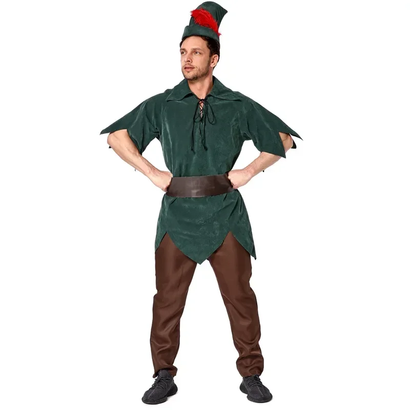 Adult Men Fairy Tales Robin Hood Peter Pan Costume Cosplay Halloween Party Role Play Fantasia Dress 4pcs Set