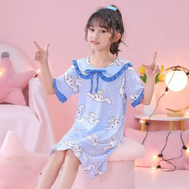 

Sanrio Hellokitty Kids Nightdress Anime Cute Kuromi Cinnamoroll Summer Soft Short Sleeve Pajama Cartoon Print Homewear Girl Gift